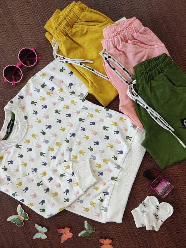 ست دورس و شلوار نخ پنبه لاکرا طرح خرگوش دخترانه
